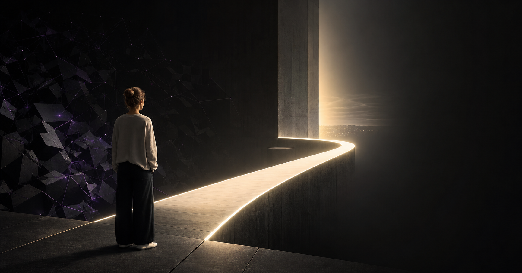 Una persona davanti a un percorso illuminato, simbolo del primo passo per cambiare lavoro